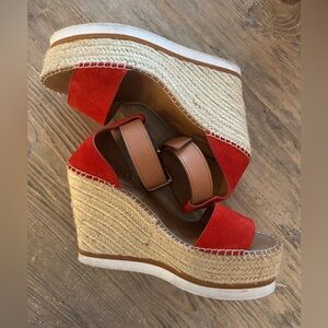 See by Chloe Red Suede Wedge Espadrille - Size 38